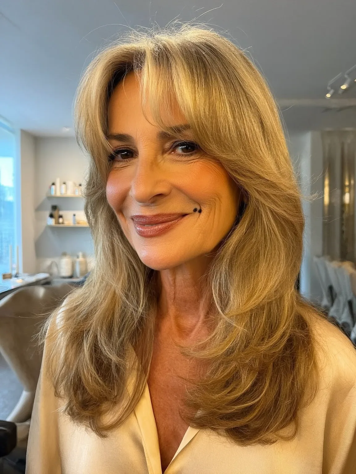 Medium Warm Caramel Blonde Wavy Layers with Curtain Bangs